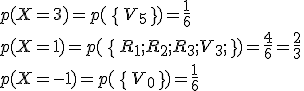 p(X=3)=p(\,\{\,V_5\,\,\})=\frac{1}{6}\,\\p(X=1)=p(\,\{\,R_1;R_2;R_3;V_3;\,\,\})=\frac{4}{6}=\frac{2}{3}\,\\p(X=-1)=p(\,\{\,V_0\,\,\})=\frac{1}{6}
